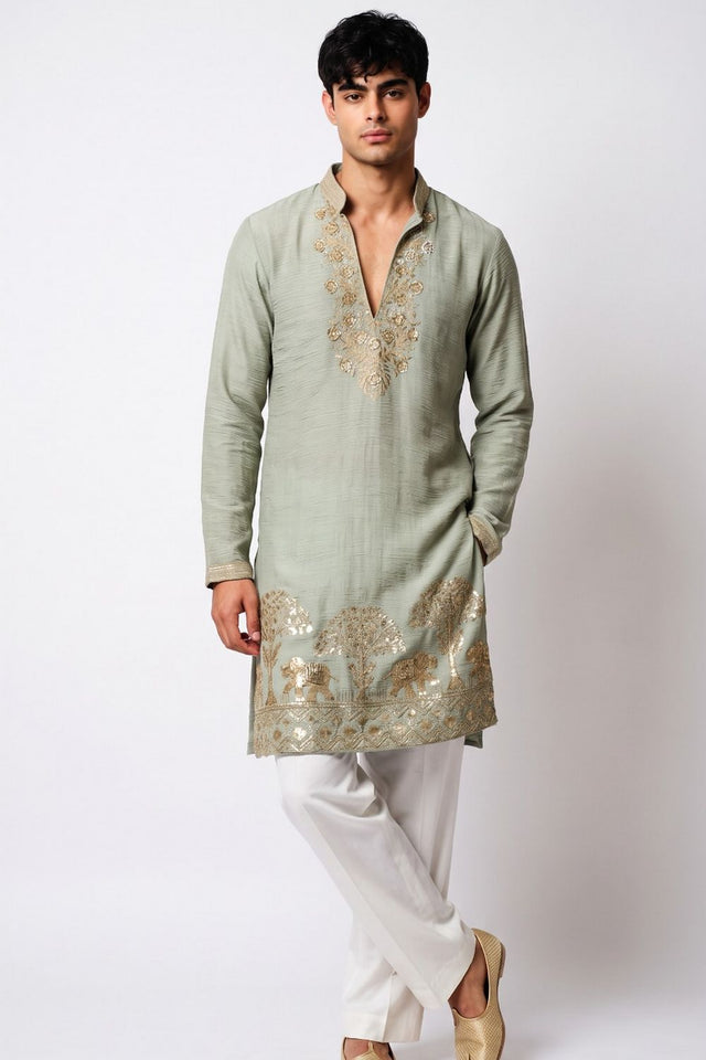 Green Floral Embroidered Tissue Kurta Set (ACB2660)