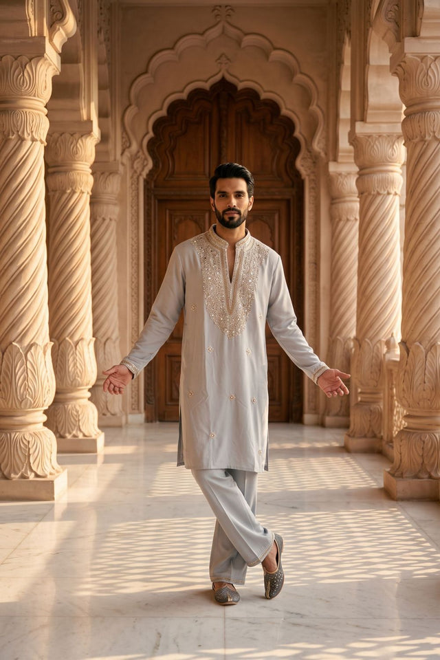 Light Grey Embroidered Lachaka Kurta Set (ACB2663)