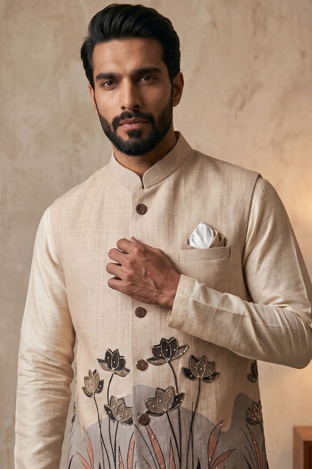 Cream Floral Printed Linen Jacket (ACB2668)