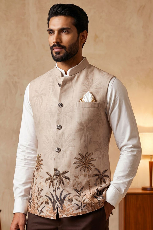Cream Floral Printed Linen Jacket (ACB2669)
