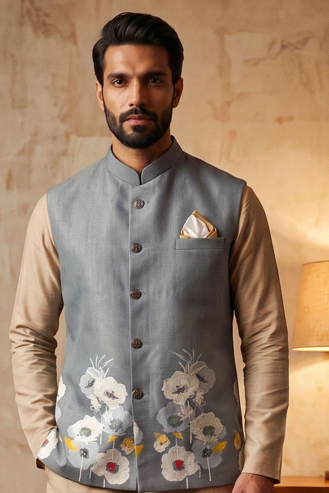 Grey Floral Printed Linen Jacket (ACB2670)
