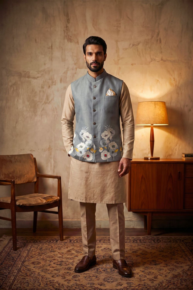 Grey Floral Printed Linen Jacket (ACB2670)