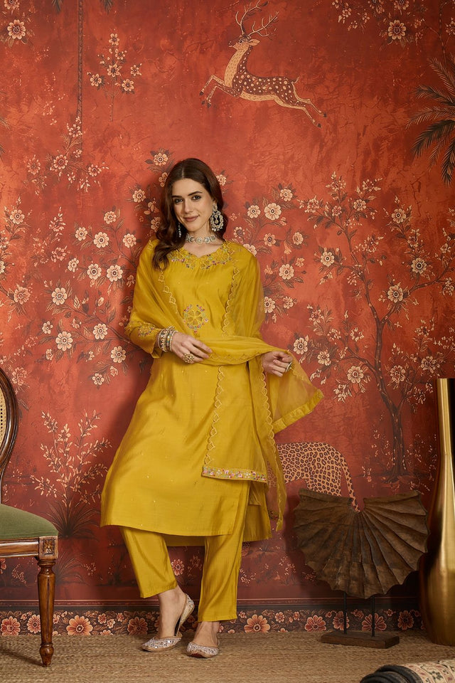 Mustard Floral Embroidered Silk Kurti Pant Set (ACB2674)