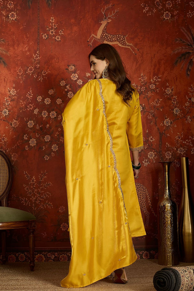 Mustard Sequin with Embroidered Silk Kurti Pant Set (ACB2676)