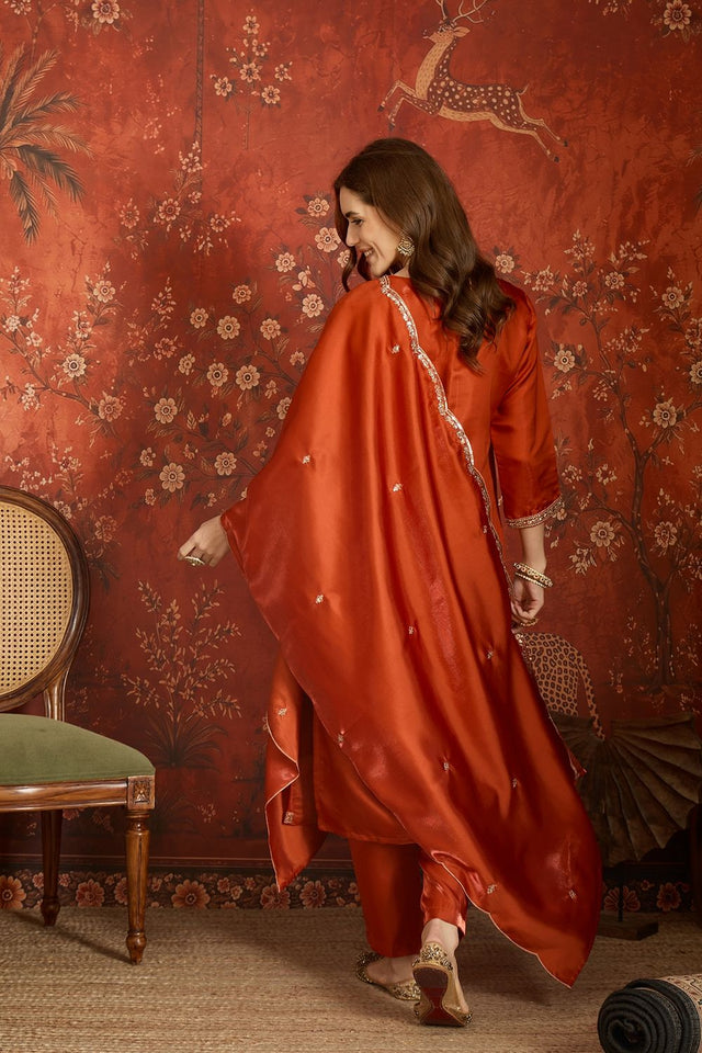 Rust Sequin with Embroidered Silk Kurti Pant Set (ACB2677)