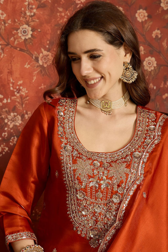 Rust Sequin with Embroidered Silk Kurti Pant Set (ACB2677)
