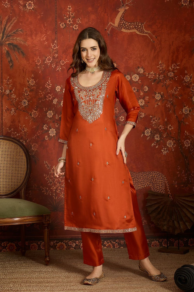 Rust Sequin with Embroidered Silk Kurti Pant Set (ACB2677)