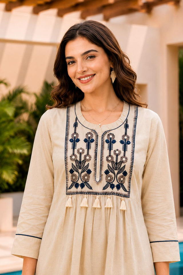 Beige Floral Embroidered Cotton Co-Ord Set (ACB2680)