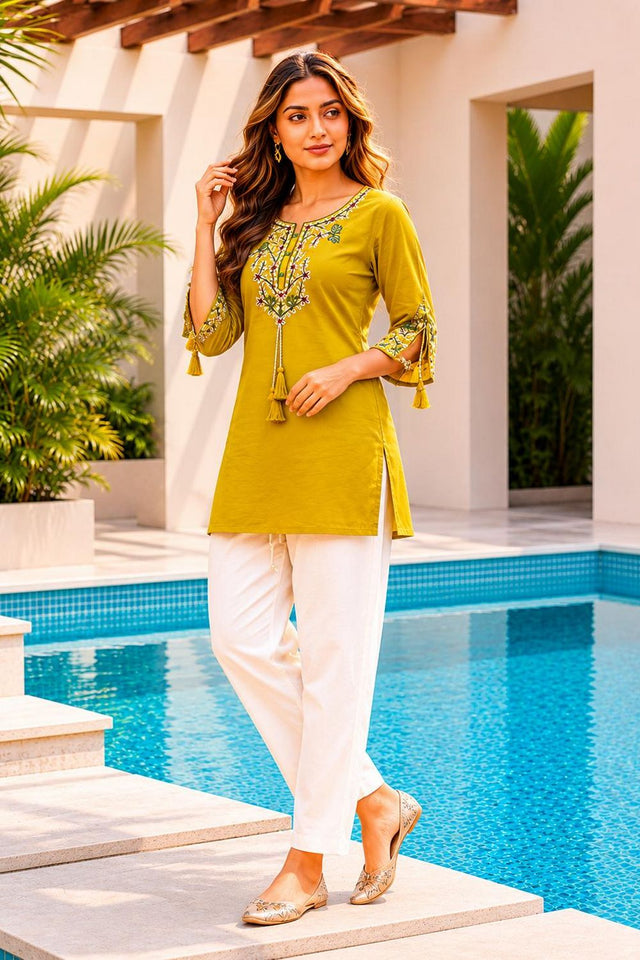Olive Green Floral Embroidered Rayon Short Kurti (ACB2687)