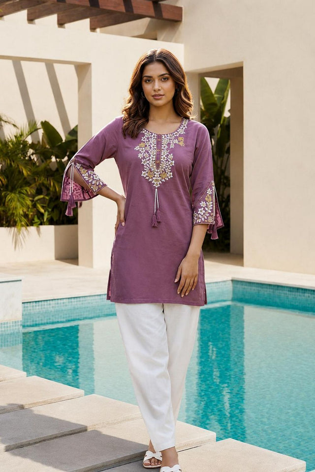 Purple Floral Embroidered Rayon Short Kurti (ACB2690)