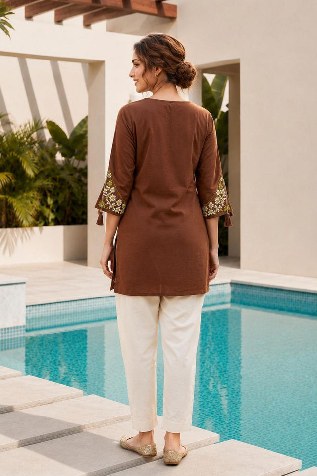 Brown Floral Embroidered Rayon Short Kurti (ACB2692)