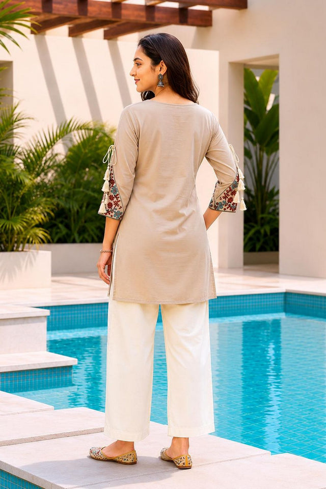 Beige Floral Embroidered Rayon Short Kurti (ACB2693)