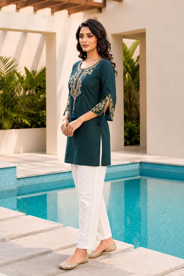 Turquoise Floral Embroidered Rayon Short Kurti (ACB2695)