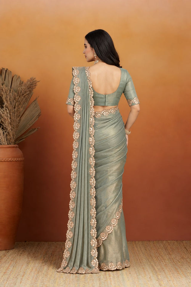 Green Solid with Embroidered Border Chiffon Ready to Wear Saree (ACB2700)