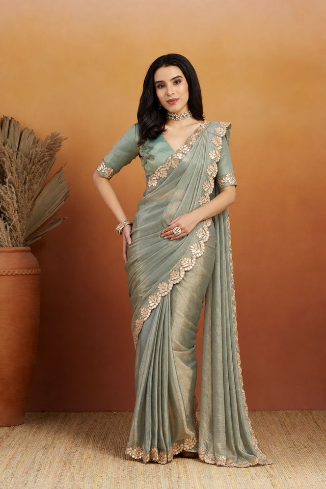 Green Solid with Embroidered Border Chiffon Ready to Wear Saree (ACB2700)
