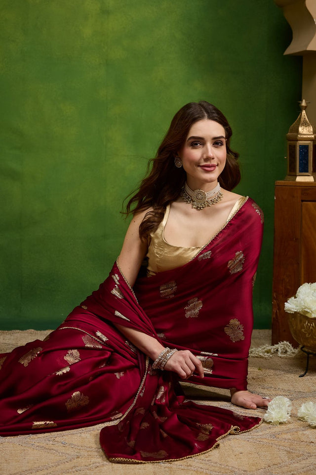 Maroon Woven Satin Ready to Wear Saree (ACB2704)