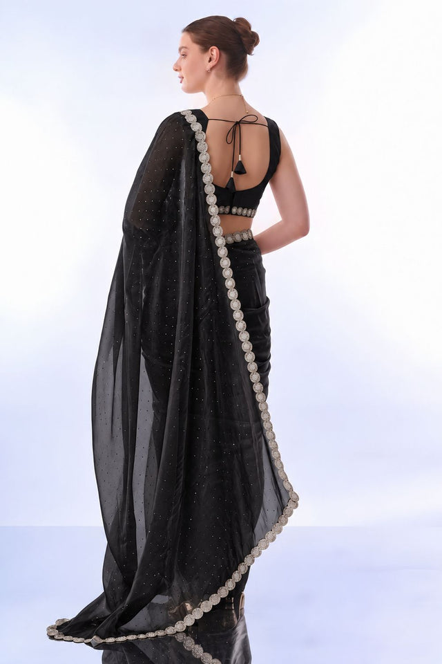 Black Embellished Satin Ready to Wear Saree (ACB2705)
