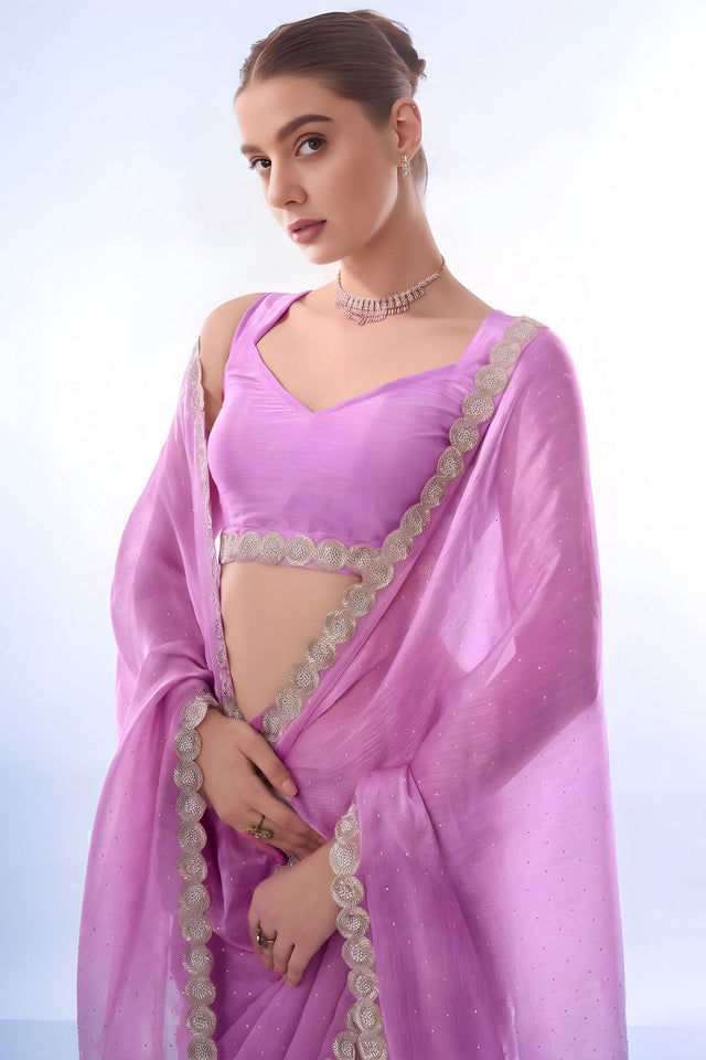 Purple Embellished Satin Ready to Wear Saree (ACB2706)