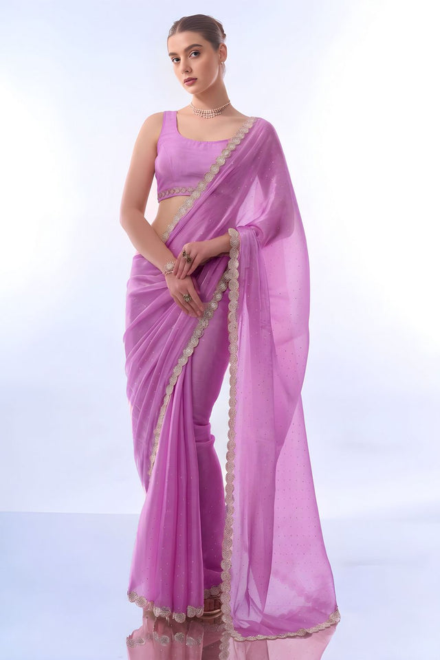 Purple Embellished Satin Ready to Wear Saree (ACB2706)