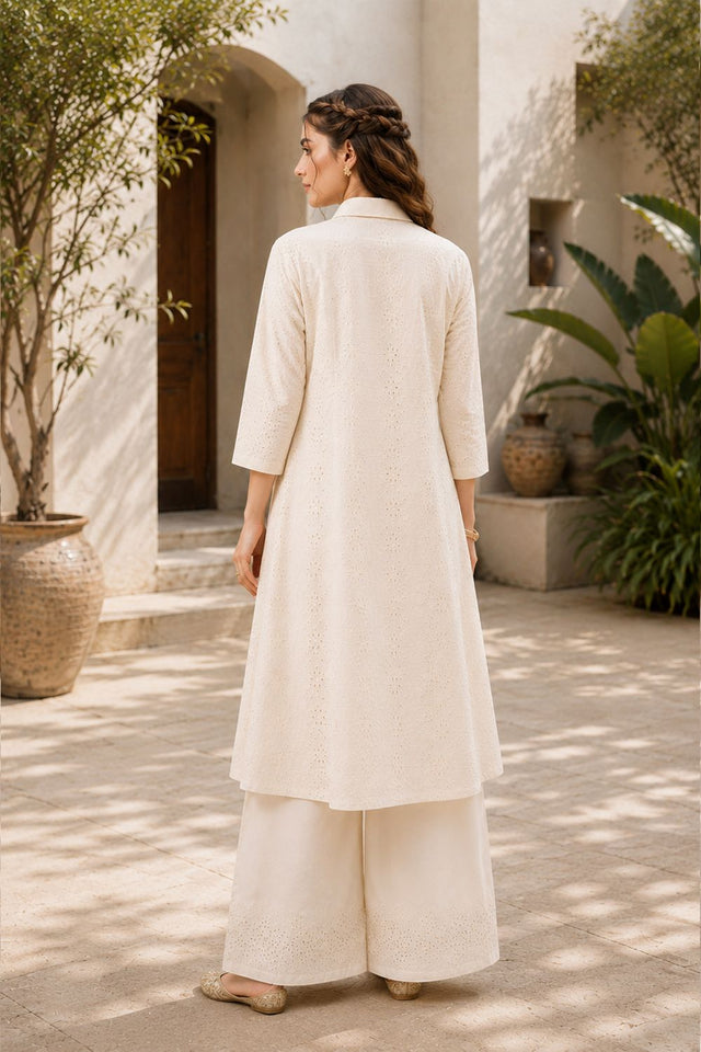 Off White Floral Embroidered Cotton Palazzo Suit (ACB2714)
