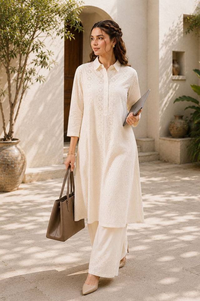 Off White Floral Embroidered Cotton Palazzo Suit (ACB2714)