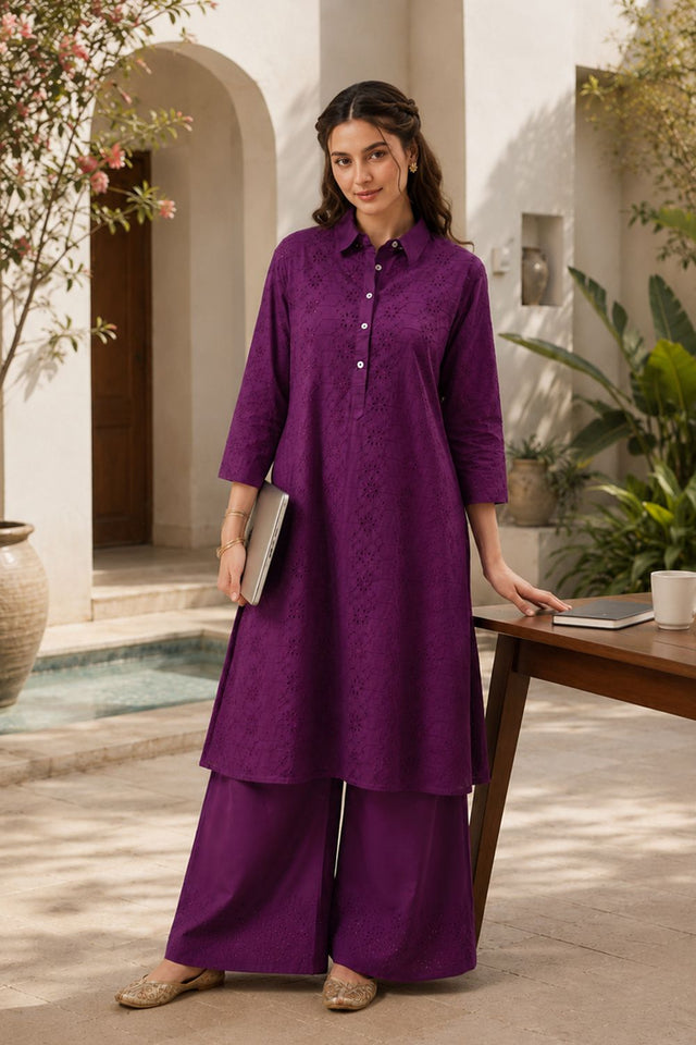 Voilet Floral Embroidered Cotton Palazzo Suit (ACB2716)