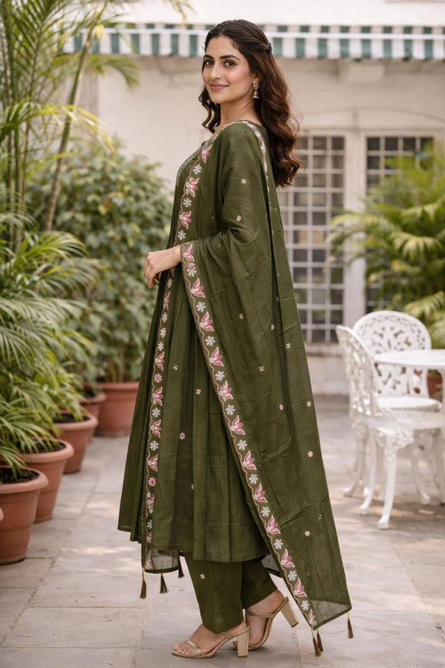 Mehendi Floral Embroidered Silk Anarkali Suit (ACB2718)