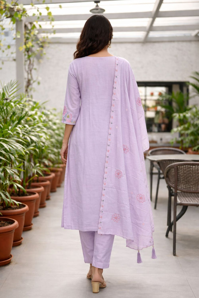 Purple Floral Embroidered Silk Straight Cut Suit (ACB2721)