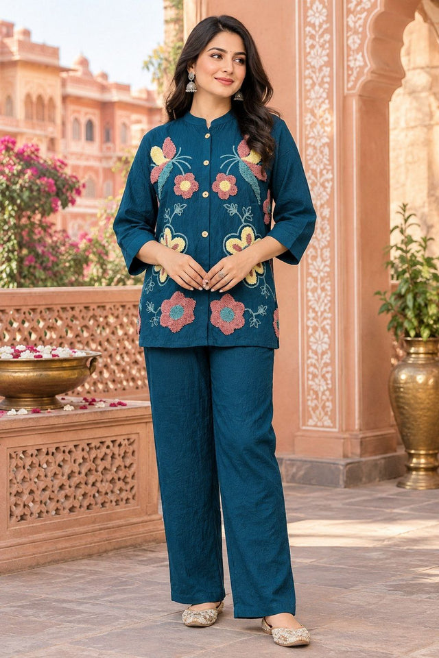 Rama Floral Embroidered Nylon Co-Ord Set (ACB2741)