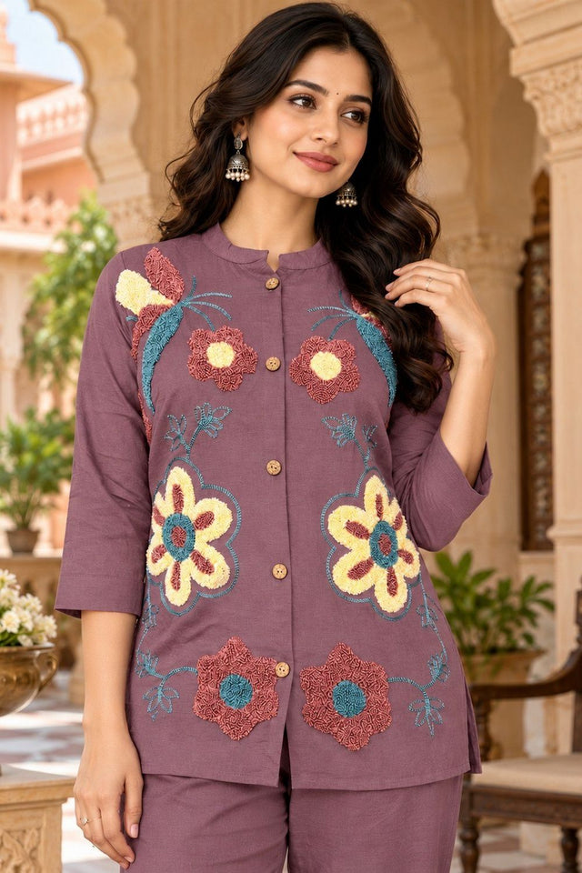 Levender Floral Embroidered Nylon Co-Ord Set (ACB2744)