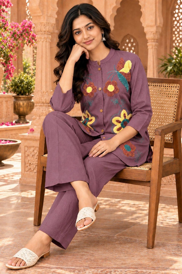 Levender Floral Embroidered Nylon Co-Ord Set (ACB2744)