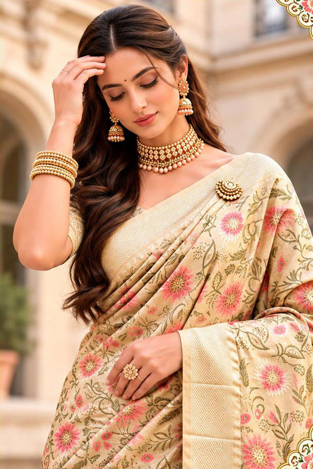Beige Woven Banarasi Silk Saree (ACB2750)