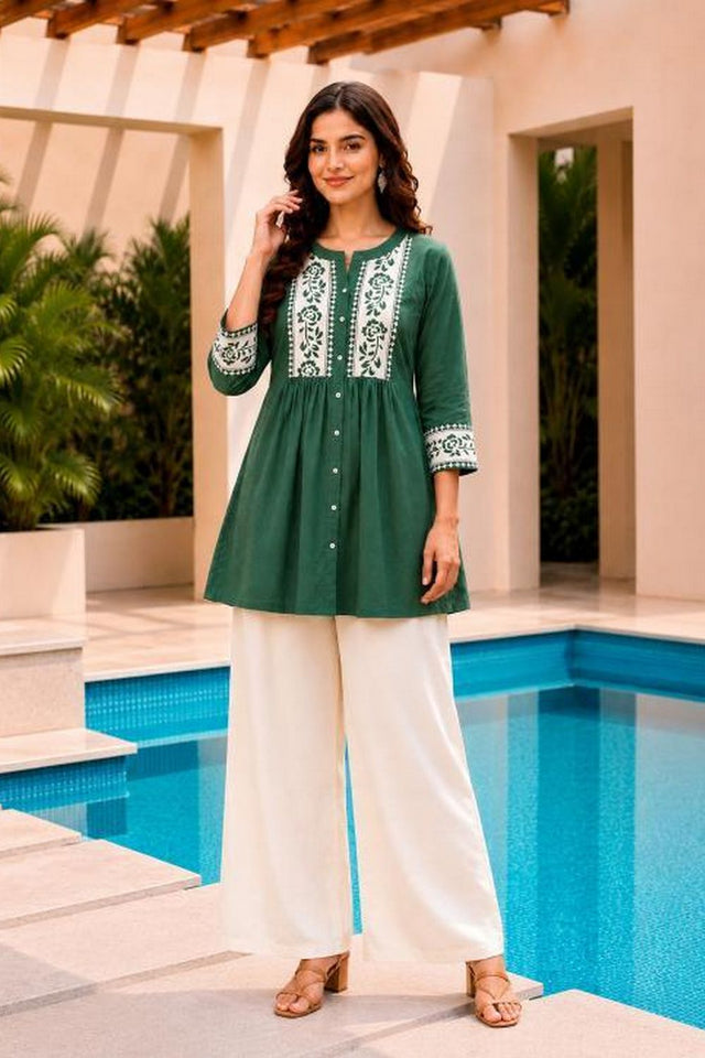 Teal Green Floral Embroidered Cotton Short Kurti (ACB2755)