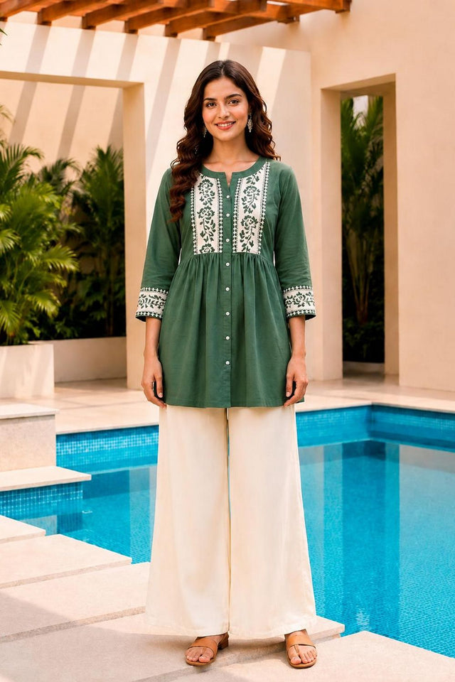 Teal Green Floral Embroidered Cotton Short Kurti (ACB2755)