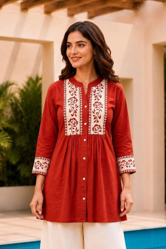 Orange Floral Embroidered Cotton Short Kurti (ACB2757)