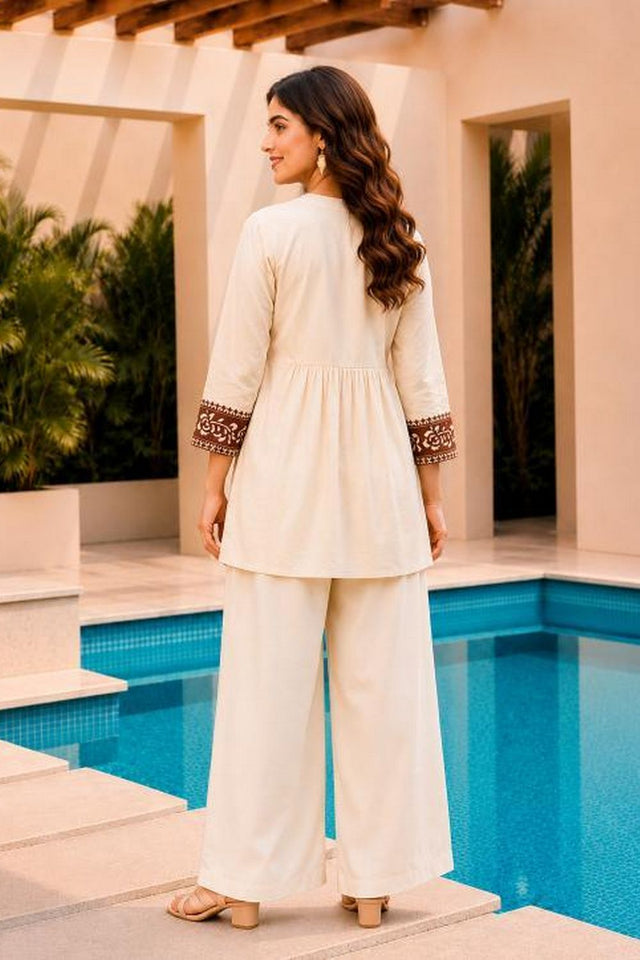 Beige Floral Embroidered Cotton Short Kurti (ACB2758)
