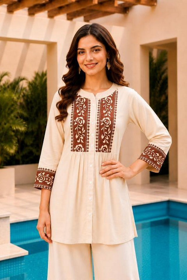 Beige Floral Embroidered Cotton Short Kurti (ACB2758)