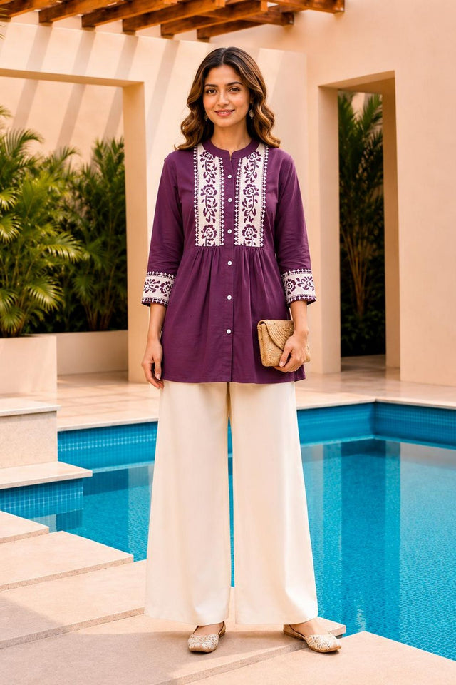 Purple Floral Embroidered Cotton Short Kurti (ACB2759)