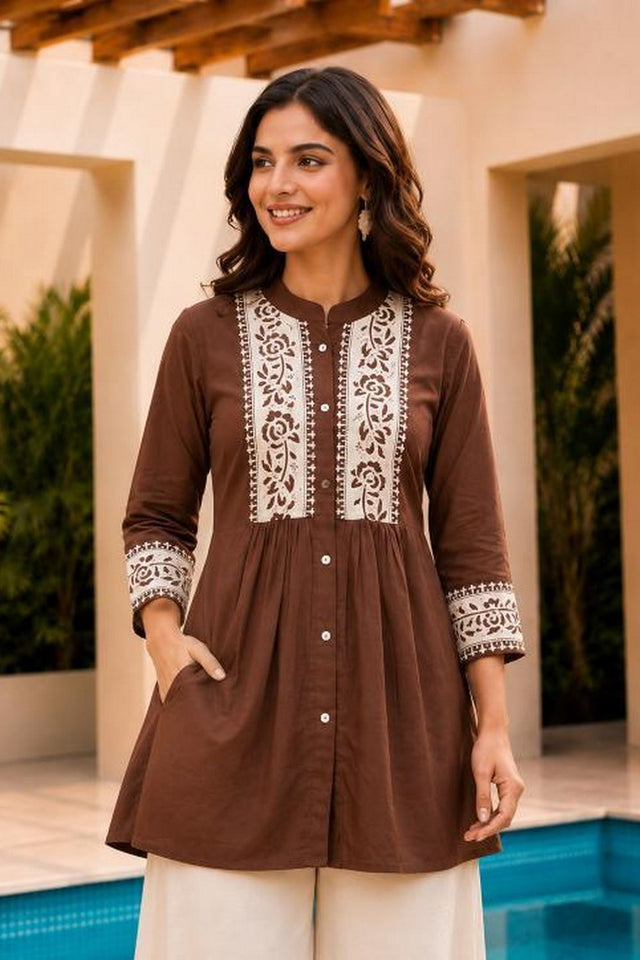 Brown Floral Embroidered Cotton Short Kurti (ACB2760)