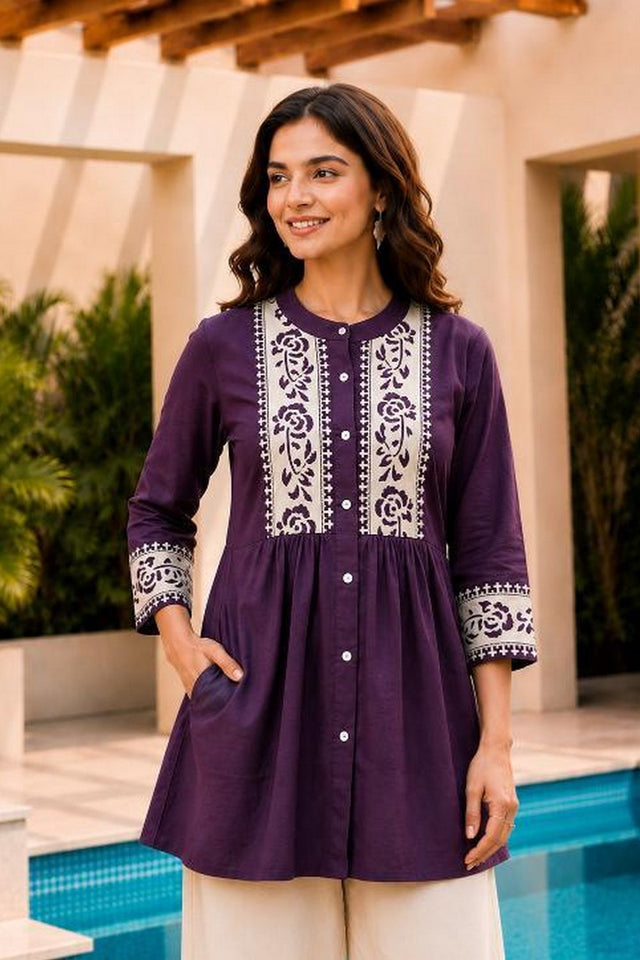 Violet Floral Embroidered Cotton Short Kurti (ACB2761)