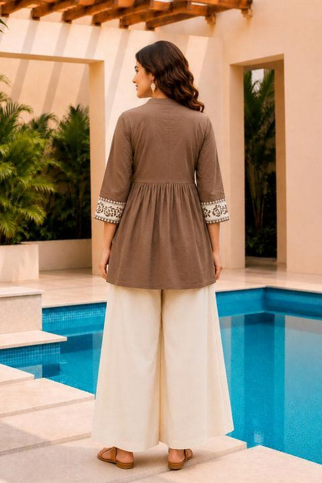 Brown Floral Embroidered Cotton Short Kurti (ACB2762)