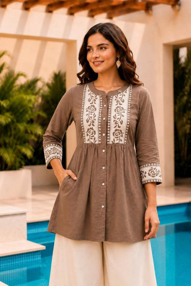 Brown Floral Embroidered Cotton Short Kurti (ACB2762)