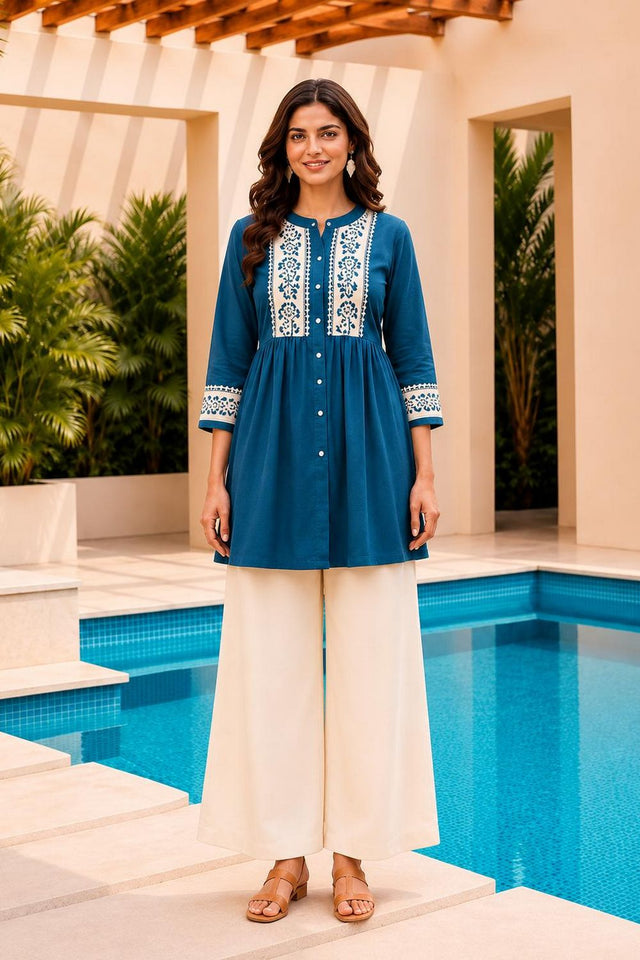 Teal Blue Floral Embroidered Cotton Short Kurti (ACB2763)