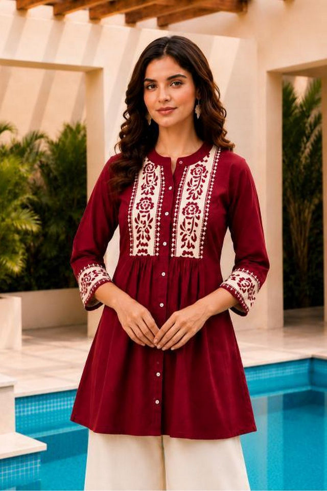 Maroon Floral Embroidered Cotton Short Kurti (ACB2764)