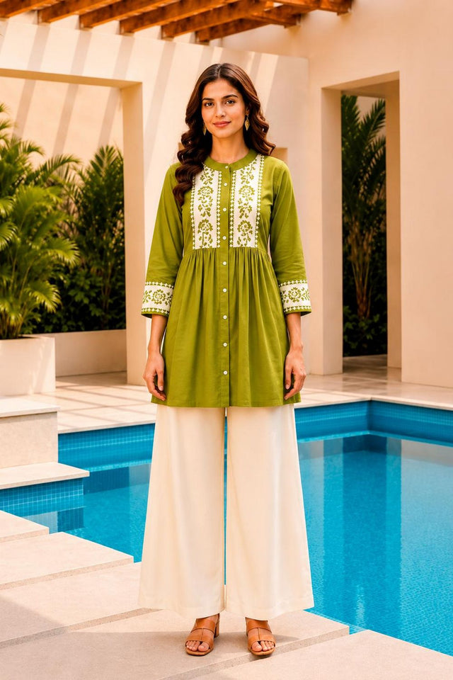 Green Floral Embroidered Cotton Short Kurti (ACB2765)