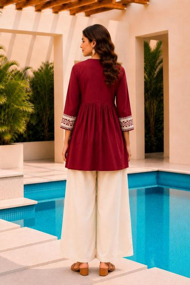Red Floral Embroidered Cotton Short Kurti (ACB2766)