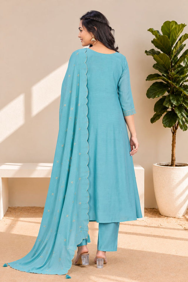 Sky Blue Embroidered Chanderi Anarkali Suit (ACB2768)