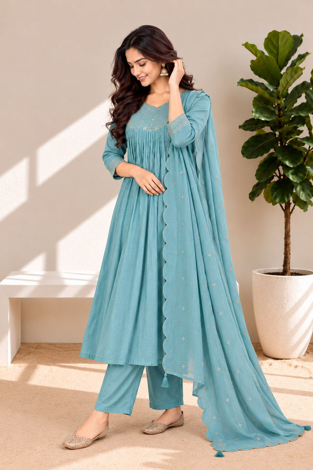 Sky Blue Embroidered Chanderi Anarkali Suit (ACB2768)