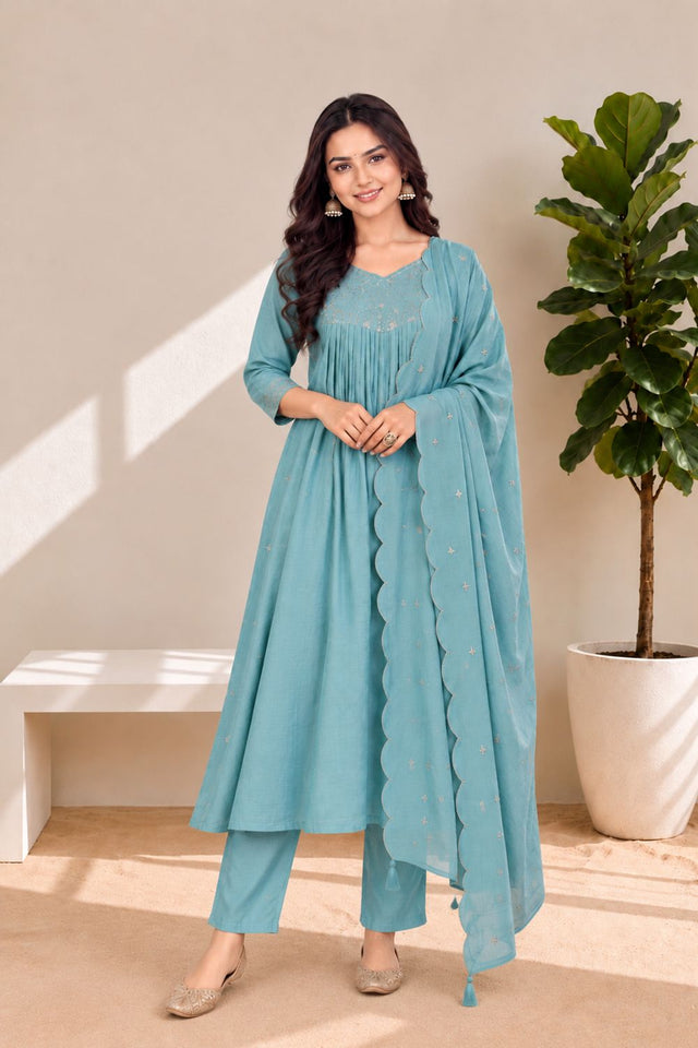 Sky Blue Embroidered Chanderi Anarkali Suit (ACB2768)