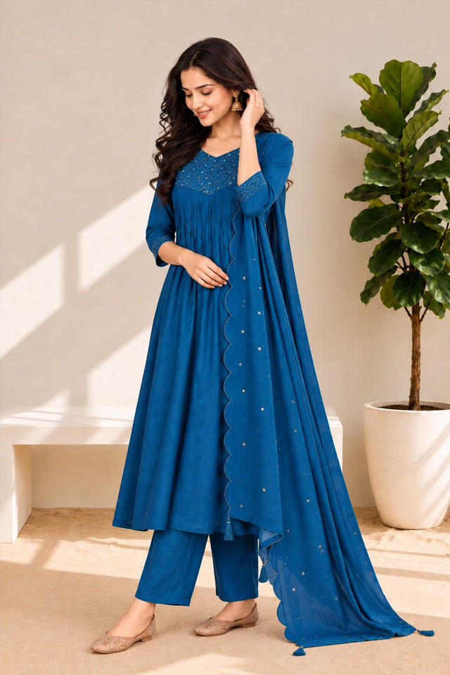 Blue Embroidered Chanderi Anarkali Suit (ACB2769)